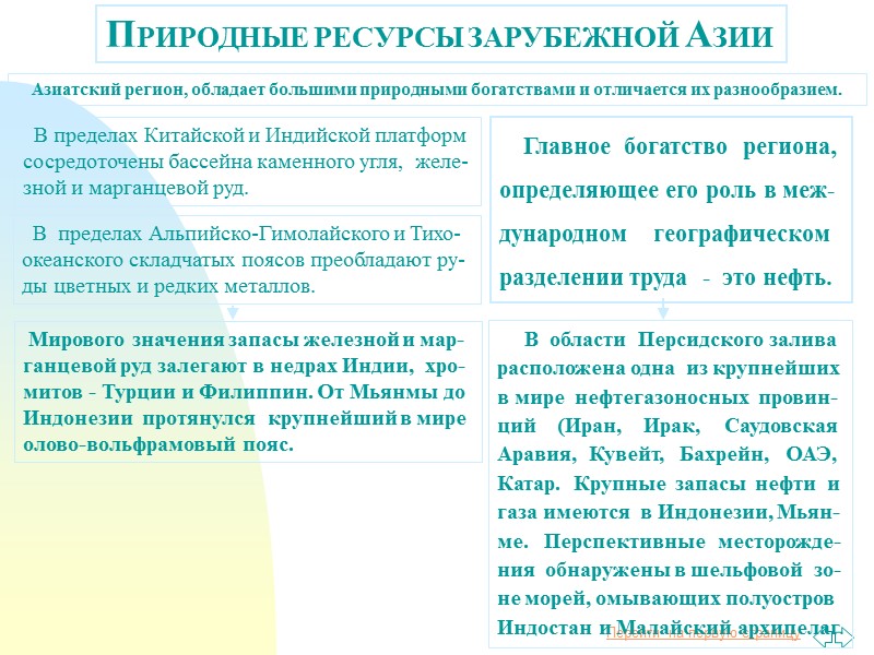 ПРИРОДНЫЕ РЕСУРСЫ ЗАРУБЕЖНОЙ АЗИИ Азиатский регион, обладает большими природными богатствами и отличается их разнообразием.